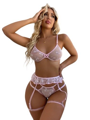 WDIRARA Women's 3 Pieces Floral Print Mesh Ruffle Trim Garter Lingerie Set