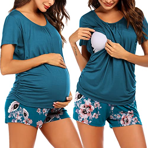 Ekouaer Women's Maternity Nursing Pajama Set Breastfeeding Sleepwear Set Double Layer Short Sleeve Top & Pants Pregnancy PJS - B - Floral Teal - Medium
