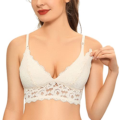 MOMANDA Women's Lace Nursing Bra Wirefree Padded Breastfeeding Maternity Bralette Cute - Plunge Style - 34DD - Ivory