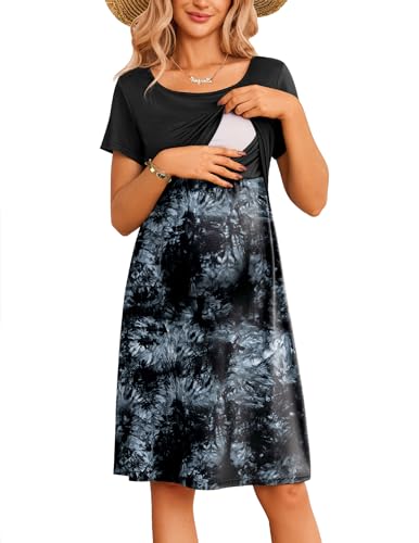 Ekouaer Women's Nursing Dress Summer Short Sleeve Patchwork Maternity Breastfeeding Knee Length Dress - Medium - Black-tie Dye