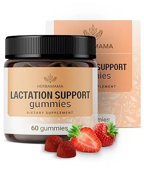 HERBAMAMA Lactation Support Gummies - Herbal Blend for Mother's Breast Milkflow Support - Vegan, Non-GMO Breastfeeding Supplement for Women - 60 Pectin-Based Strawberry-Flavored Chews