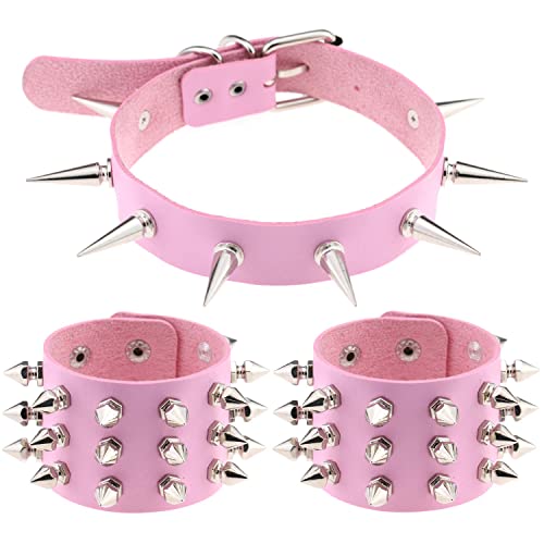 Ulekuke 3Pcs Punk Leather Chokers and Bracelets Jewelry Set Gothic Choker for Women Teen Girls Costume Goth Accessory Adjustable Collar Choker Cosplayer - Pink Spikes rivet