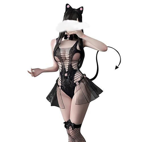 Kawaii Lingerie Cosplay Set for Women Sexy Cat Girl Outfits Slutty Roleplay Underwear Nightgown Sets for Sex Naughty - Black - One Size