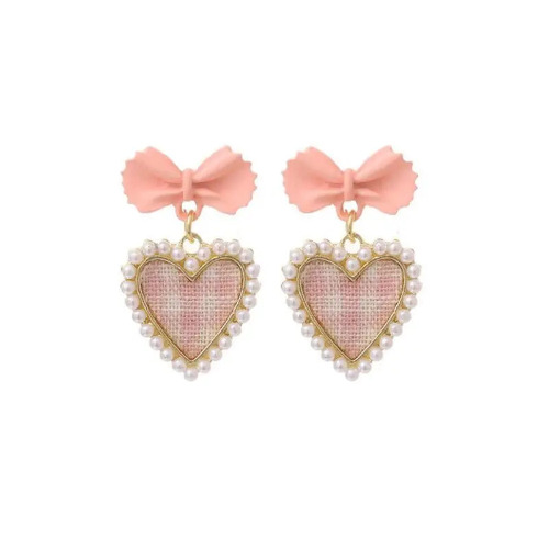 Dainty Pink Plaid Heart Flower Earrings with Gold Details - Pink