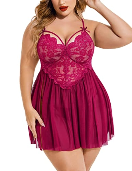 Avidlove Plus Size Lingerie Lace Babydoll Womens Strap Chemise Nightgown V Neck Nighty Mesh Sleepwear Side Slit Nightdress