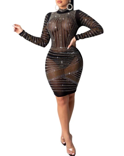 PORRCEY Women Sexy Hot Drilling Process Sexy Dress Party Club Night Dress - Black 19 X-Large