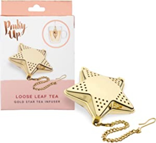 Pinky Up Star Shaped Tea Ball Loose Leaf Infuser with Chain Hook, Stainless Steel, Gold Finish - Star Shaped