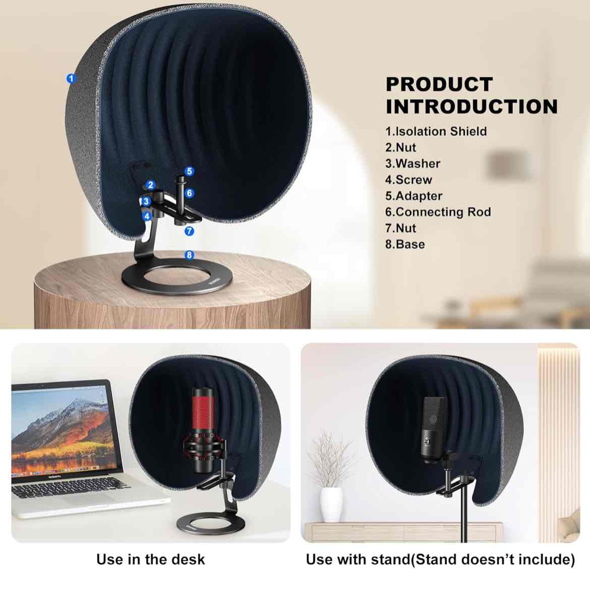 Aokeo Studio Recording Microphone Isolation Shield with Pop Filter & Tripod Stand, High Density Absorbent Foam to Filter Vocal, Foldable Sound Shield for Blue Yeti and Condenser Microphones