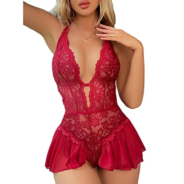 Sexy Babydoll Lingerie for Women Naughty, Floral Lace Teddy Bodysuit Halter Deep V One Piece Backless Nightwear,Hollow-out Chemise Negligee See Through Mesh Suspender Skirt Patchwork Nightdress