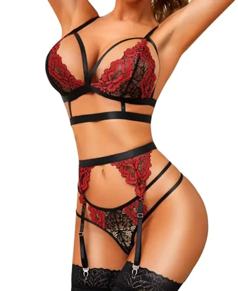 RSLOVE Sexy Lingerie for Women Floral Lace Bra and Panty Set 3 Pieces Bra Set with Garter Belt