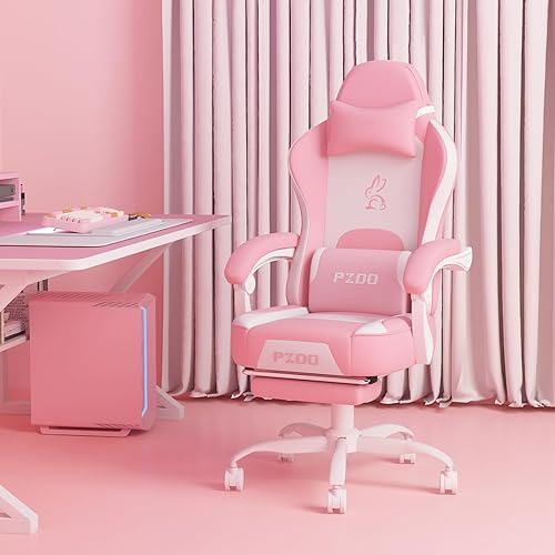 PZDO Pink Gaming Chair,High Back Computer Chair with Footrest, Kawaii Gaming Chairs for Girls Adults Women Kids, Pink Reclining Chair with Bunny Ear & Lumbar Support, Gift(Pink-White) - Pink