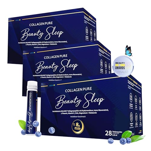 Spar-Set Collagen 8000mg + Melatonin - Hochdosiert Kollagen Trinkampullen - Magnesium Vitamin C Zink Hyaluronsäure Theanin Resveratrol - 28 Trinkampullen 1 Monat Vorrat - Blaubeergeschmack - MEDIAKOS - 700 ml (3er Pack)