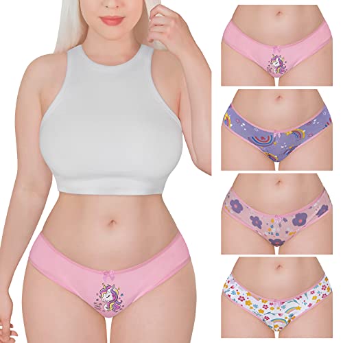 LittleForBig Women's Ladies Soft Cotton Underwear Comfortable Hipster Briefs 4 Pack Panties Set - Unicorn Pattern - Multicolor - XXL