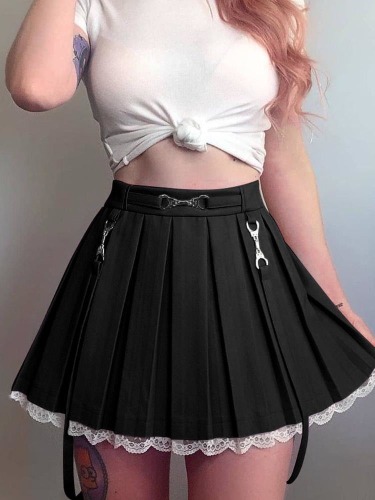 Lace Hemmed Pleated Skirt - Black / M