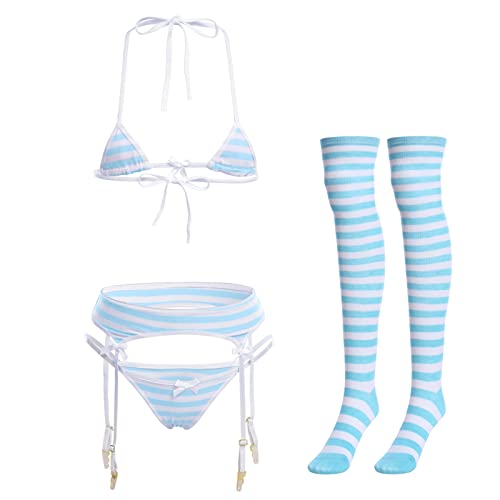 ABAFIP Women Cute Kawaii Anime Lingerie set Halter Strap Micro Bra Tiny Panty Garter Belt Striped Stockings 4Pcs Underwear - One Size - Blue