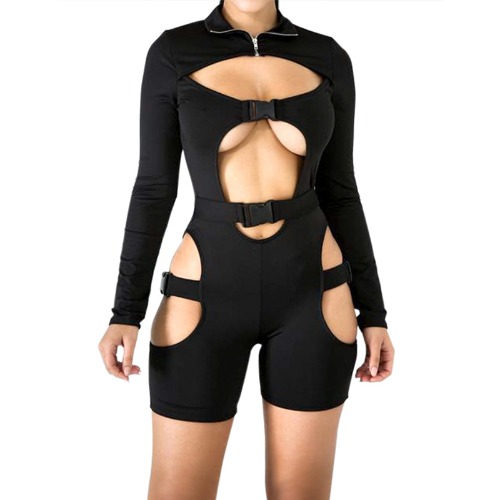 Womens Long Sleeve Bodycon Jumpsuit Buckle High Neck Zipper One Piece Romper Biker Clubwear