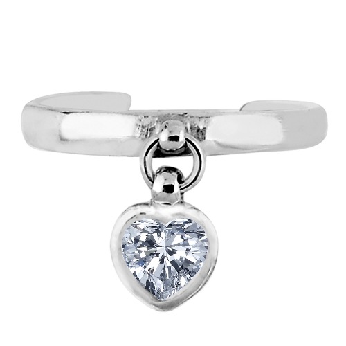 Sterling Silver Dangling Heart Shape CZ Cuff Style Adjustable Toe Ring - 