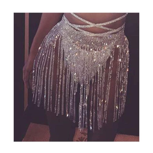 Yokawe Crystal Body Chain Silver Tassel Waist Chains Rhinestone Summer Bikini Beach Party Night Club Skirt Body Jewelry Accessories for Women and Girls (Silver) - Silver