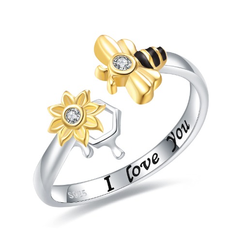 925-Sterling-Silver Honeycomb Bumble Bee Ring - Dainty Cubic Zirconia Adjustable Open Gold Honey Bee Rings CZ Cute Animal Lucky Pinky Toe Knuckle Thumb Ring Engraved "I Love You Forever" Bumblebee Lovers Jewelry Gifts for Women Teen Girls - sunflower honeycomb bee ring