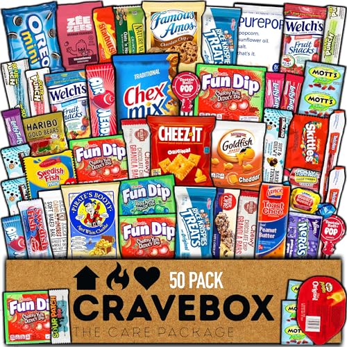 CRAVEBOX Snack Box (50 Count) Variety Pack Gift Care Package Basket Adult Kid Guy Girl Women Men Birthday College Student Office Back to School