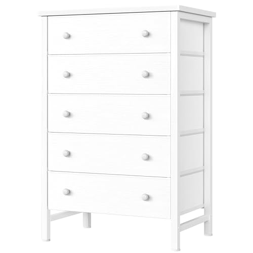 BOLUO White Chest of Drawers for Bedroom Dresser with 5 Drawer Fabric Dressers Storage for Girls,Kids Closet Modern - 5 Drawer - White