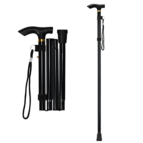 supregear Folding Cane, 5-Level Adjustable Height Walking Stick Lightweight Portable Cane Travel Cane with Wrist Strap and T Handle for Elderly Disabled Men Women - Black