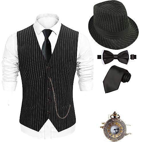 1920s Mens Costume Fedora Hat,Gatsby Gangster Vest,Vintage Pocket Watch,Pre Tied Bow Tie,Tie - Twvest-csbkhat XX-Large