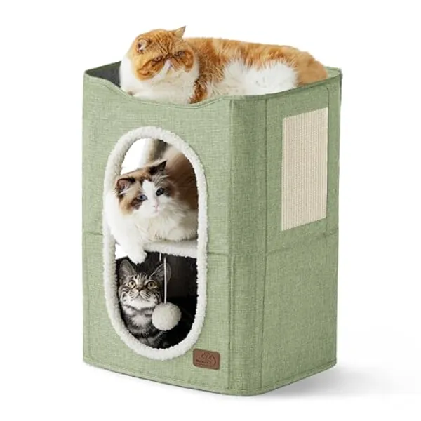Bedsure 2-Level Cat House for Indoor Cats - Small Cat Towers with Scratch Pad and Hideaway Condo, Cat Cave Bed Furniture for Multi Pets and Large Cats, 18x14x23 inches, Green