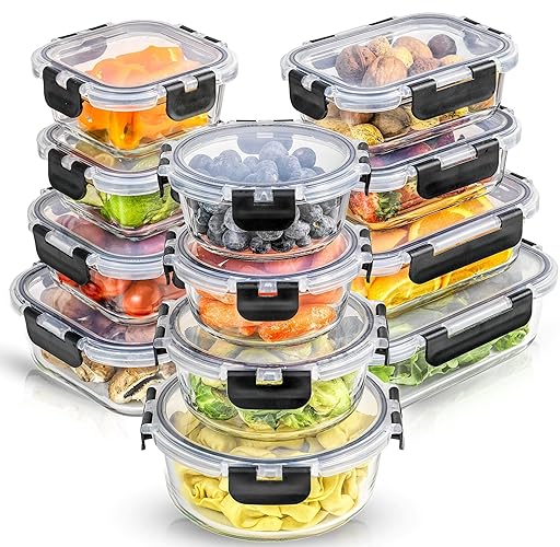 JoyJolt JoyFul 24pc(12 Airtight, Freezer Safe Food Storage Containers and 12 Lids), Pantry Kitchen Storage Containers, Glass Meal Prep Container for Lunch, Glass Storage Containers with Lids - Color Black