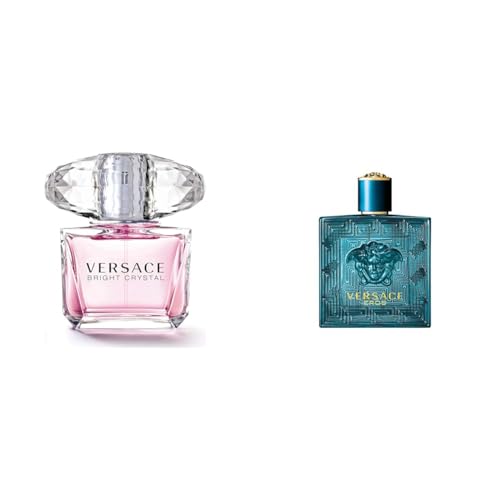 Versace Bright Crystal Eau de Toilette Spray for Women, 3 Fl Oz & Eros for Men 3.4 oz Eau de Toilette Spray - 3 Fl Oz (Pack of 1)+ 3.4 Fl Oz (Pack of 1)