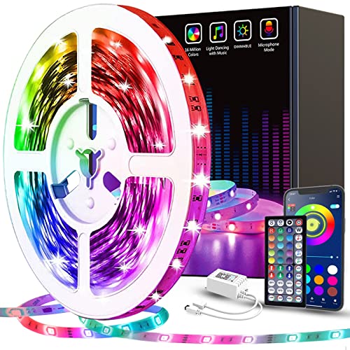 Tenmiro LED Strip Lights, 32.8FT LED Music Sync Color Changing Lights with 40keys Music Remote Controller and 12V5APower Supply, RGB SMD5050 300 led Lights for Room, Bedroom, TV, Party. - 32.8ft