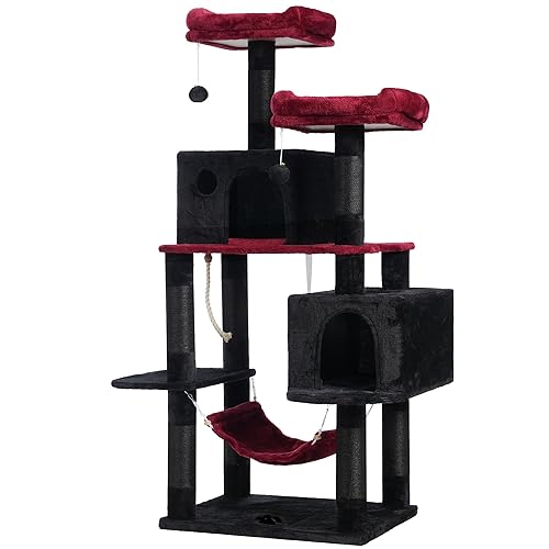 Hey-brother Gothic Large Multi-Level Cat Tree Condo Furniture with Sisal-Covered Scratching Posts, 2 Bigger Plush Condos, Perch Hammock for Kittens, Cats and Pets, Black and Red MPJ020BR - 61 Inches - Black and Red