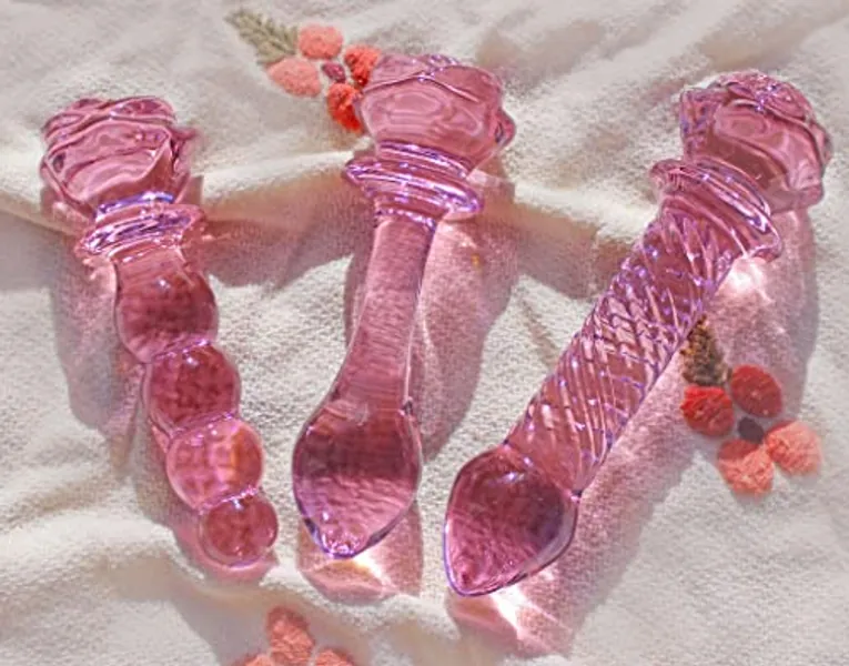 ASNOKNAE 3-Piece Pink Glass Dildo Butt Plug, Crystal Rose Anal Plug Beads Dildo, Adult Anal Training Sex Toys Set for Men and Women, Three Cute Styles of Beginner Anal Wands for Varied Stimulation