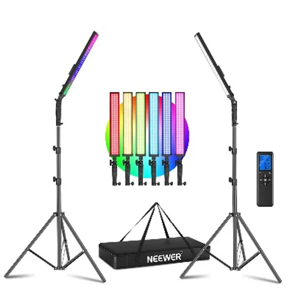 Neewer 2.4G RGB LED Light Stick, 2-Pack Photography Lighting Kit with Remote Control, 21W Dimmable 3200k~5600K/CRI95+/360°Full Color/10 Scene Effect with Stand and Bag for Studio Photography