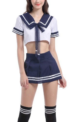 Aurueda School Girl Lingerie Outfit Mini Sailor Suit Cosplay Costume with Stockings Navy Blue