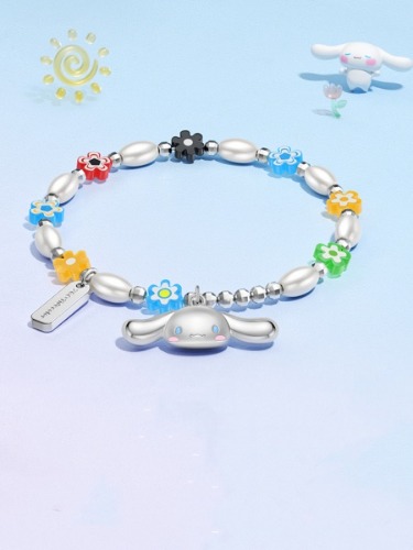 Silver Cinnamoroll Colorful Flowers Beaded Bracelet