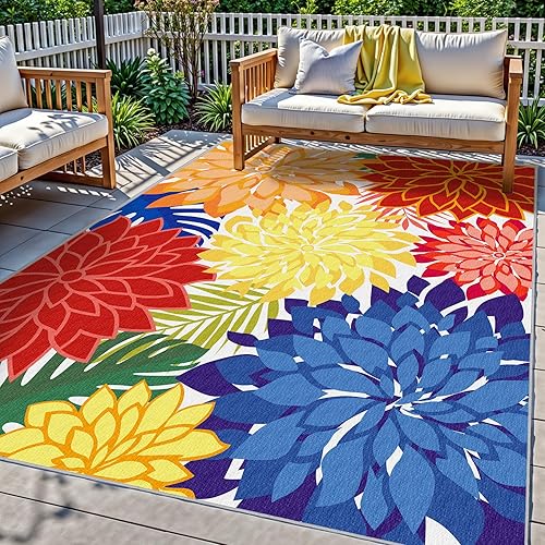 Arenarug Indoor Outdoor Area-Rug Washable Multicolored Patio Rug Tropical Botanical Modern Floral Indoor Outdoor Carpet Non-Slip for Patio, Deck, Backyard, Porch (5x8) - Multi Colored - 5 x 8 Feet