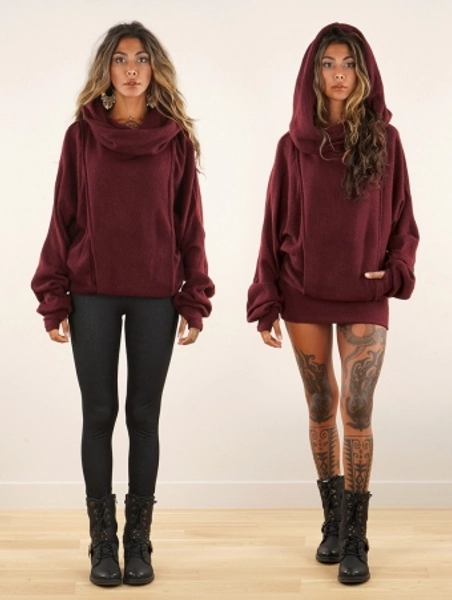 "Helixx" retractable hooded long sweater, Wine