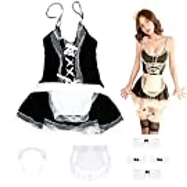 TUSAUW Maid Costume Cosplay Sweet Lolita Apron Lace Dress Anime Cosplay Maid Outfit for Women Accessories Set