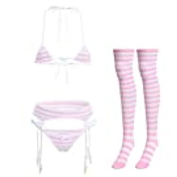 Women Cute Kawaii Anime Lingerie set Halter Strap Micro Bra Tiny Panty Garter Belt Striped Stockings 4Pcs Underwear