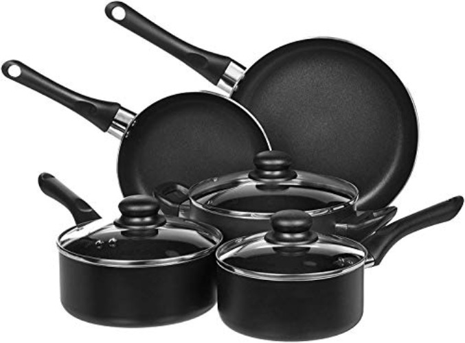 Amazon Basics Non-Stick Cookware 8-Piece Set, Pots and Pans, Black - 8-Piece Set