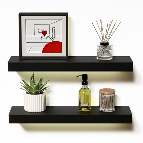 Boswillon Black Floating Shelves Set of 2, Wall Mounted Small Shelves for Room, Modern Hanging Shelves for Wall Decor, Display Wall Storage Shelves for Living Room, Bedroom, Bathroom, Kitchen - Black - Black - 2 pcs M: 14.9*4.5