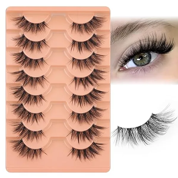 Zegaine Half Lashes Natural Look Cat Eye False Eyelashes Clear Band 3D Half Eyelashes Fluffy Lashes Strips 3/4 Corner Lashes Wispy Faux Mink Eyelash Extension 8 Pairs Pack