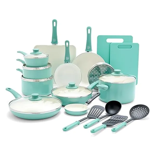 GreenLife Soft Grip Healthy Ceramic Nonstick 23 Piece Kitchen Cookware Pots and Frying Sauce Saute Pans Set with Kitchen Utensils, PFAS-Free, Dishwasher Safe, Turquoise