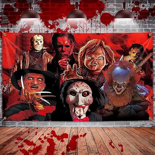 Halloween Backdrop Horror Movie Tapestry, Scary Wall Decor for Party Decorations, 71x45 Inch | Halloween Decorations Indoor for Bedroom | Classic Scary Movie Characters Background