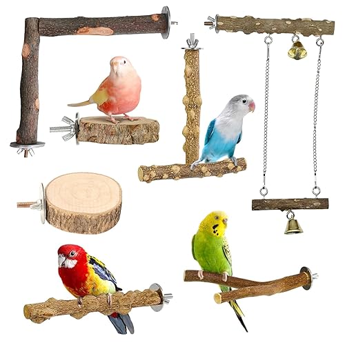 Allazone 7 PCS Natural Wooden Perch Bird Stand Parrot Perch Stand Bird Climbing Standing Branches Toy for Small Lovebirds Budgies Cockatiels - Style 5