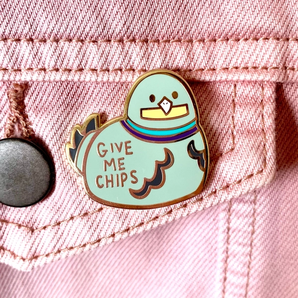 Enamel Pin cute give me chips pigeon lapel pin badge bird animal fries bag accessory gift idea