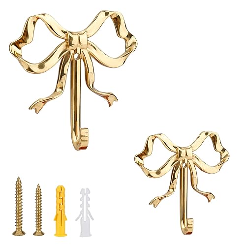 2pcs Gold Bow Hooks, Multi-Purpose Bowknot Coat Hook Ribbon Decorative Purse Wall Hanger Vintage Key Holder for Towel Hats Bags Living Room Bedroom Bathroom Organizer (2 Sizes)