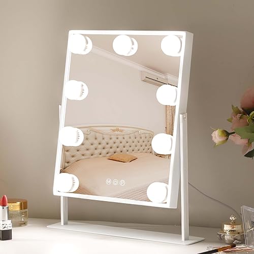 Leishe Vanity Mirror with Lights Hollywood Lighted Makeup Mirror with 9 Dimmable Bulbs & 3 Color Lighting Modes, Detachable 10X Magnification Mirror and 360 Degree Rotation(White) - A-vanity Mirror With 9 Bulbs