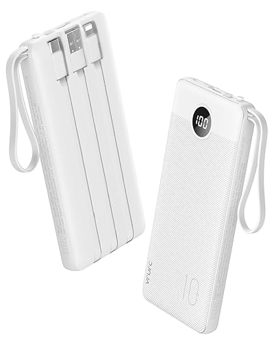 VRURC Portable Charger with Built-in Cables, [2024 Upgrade] 22.5W Fast Charging Power Bank 10000mAh,5 Output 2 Input Battery Pack for iPhone 16 15 14 13, Samsung,Android etc-White(1 Pack) - White